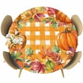 thumbnail image 1 of Orange Pumpkins Round Tablecloth, Fitted Table Cover with Elastic for 55"-60" Round Tables, Checkered Farmhouse Botanical Leaves Table Cloth Outdoor Indoor Dinning Party Waterproof Tablecloths, 1 of 7