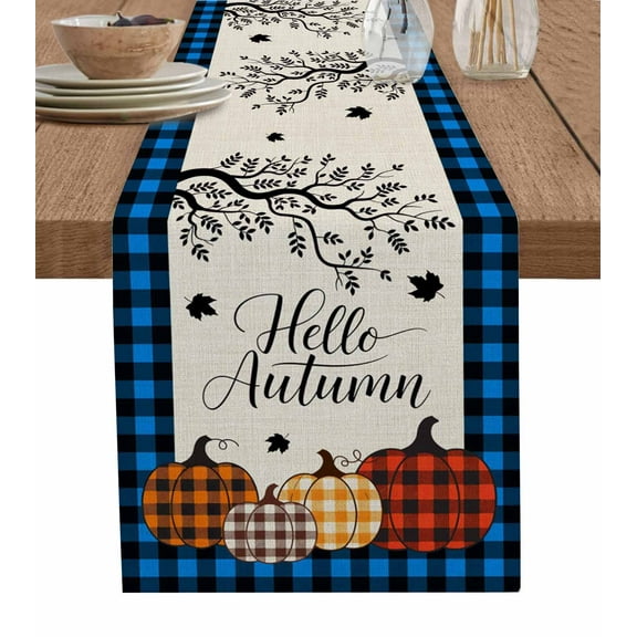 Orange Pumpkins Table Runner 90 Inches, Abstract Fall Branch Blue Retro Plaid Bed Runner Dresser Scarves Tabletop for Indoor Outdoor Parties/Ceremony/Banquet, 13" x 90"