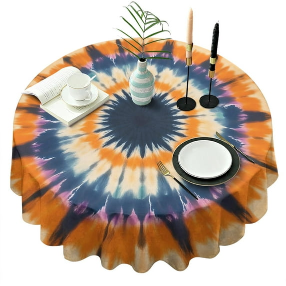 Orange Purple Blue Tie Dye Mandala Pattern Round Tablecloth 60"x60",Wrinkle Wipeable Table Cloth for Kitchen Dining Room Picnic Patio Party