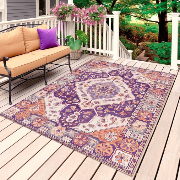 Orange Purple Boho Outdoor Rug 5x7 Ft, Non Slip Washable Area Rug, Ethnic Geometric Southwest Patio Rugs Carpet Runner, Large Floor Mat for Indoor/Outdoor Deck Porch Camping
