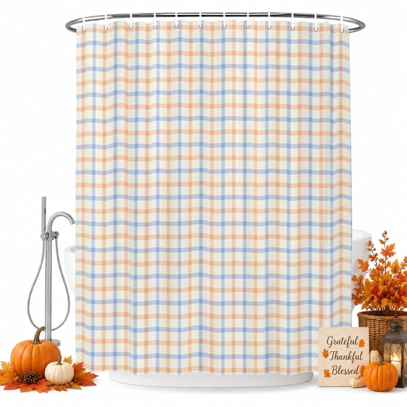 Orange Purple Checkered Shower Curtain Set - 48" x 72" Washable Bathtub Curtain with 12 Hooks, Modern Farmhouse Buffalo Plaid Waterproof Fabric Stall Shower Curtains for Bathroom/Bathtub Décor