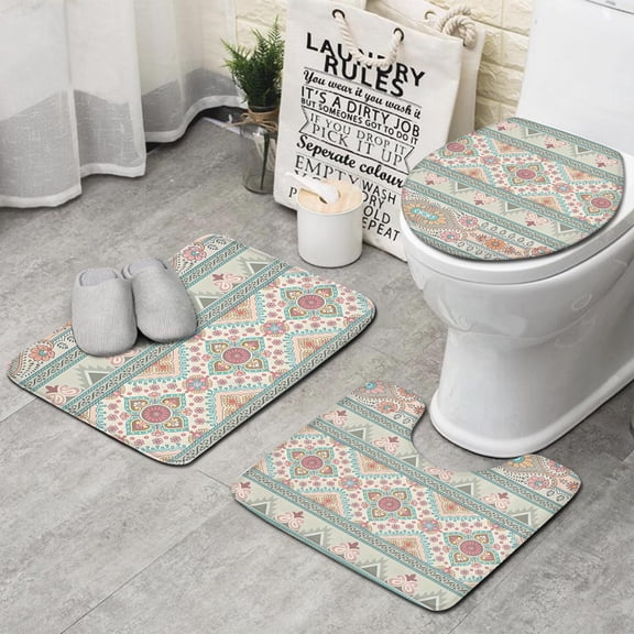 Orange and Purple Diamond Shaped Geometric Boho Pattern Bathroom Rugs Sets 3 Piece,Toilet Cover Set,Absorbent Non Slip Bathroom Mats Sets with U-Shaped Contour Rug Toilet Rug Set