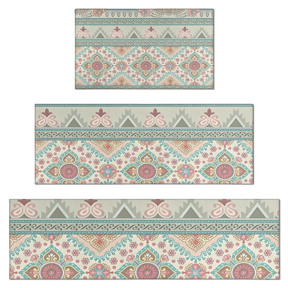 Orange and Purple Diamond Shaped Geometric Boho Pattern Kitchen Rugs Sets Of 3,Kitchen Runner Rugs Non Skid Washable,Decorative Kitchen Floor Mats for Kitchen,Sink,Laundry,17"x30"+ 17"x47" + 17"x59"