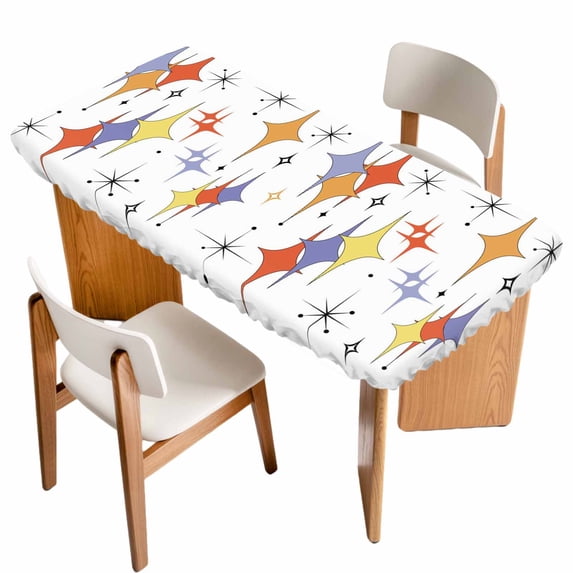 Orange Purple Diamond Table Cloths for 5 Foot Rectangle Tables, Modern Geometric Middle Century Patio Waterproof Elastic Fitted Tablecloths, Washable Rectangular Table Cover for Camping
