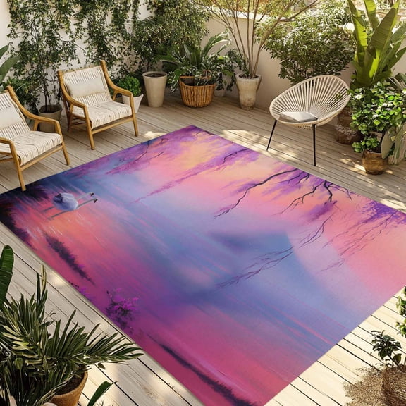 Orange Purple Flowers Outdoor Rug for Patio/Deck/Porch, Non-Slip Large Area Rug 3 x 5 Ft, Spring Oil Painting Nature Landscape Indoor Outdoor Rugs Washable Area Rugs, Camping Rug Carpet Runner