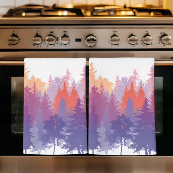 Orange Purple Forest Silhouette Kitchen Towels Set of 2, Watercolor Forest Trees Retro Absorbent Dish Towels for Kitchen, Microfiber Hand Towel, Quick Drying Tea Towel for Cleaning Dishcloths