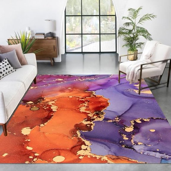 Orange Purple Gold Modern Aesthetic Marble Abstract Area Rugs Washable Soft Thick Rug For Living Room Bedroom Guest Room Art Deco Carpet Under Dining Table Indoor Floor Rug 3 x 4ft