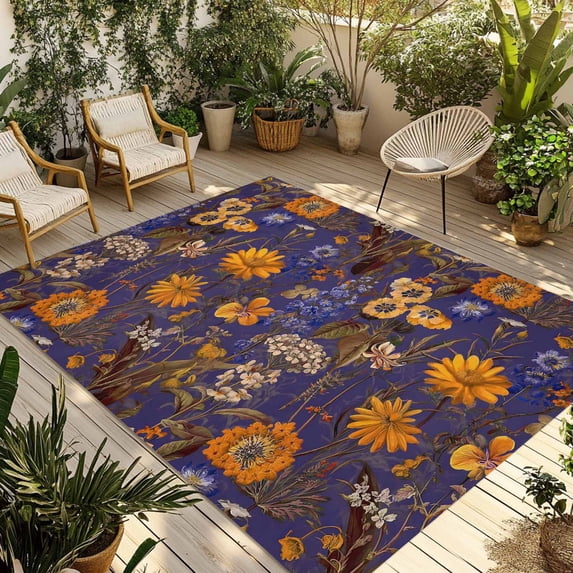 Orange Purple Spring Floral Outdoor Rug for Patio/Deck/Porch, Non-Slip Large Area Rug 6 x 9 Ft, Vintage Botanical Summer Flower Indoor Outdoor Rugs Washable Area Rugs, Camping Rug Carpet Runner