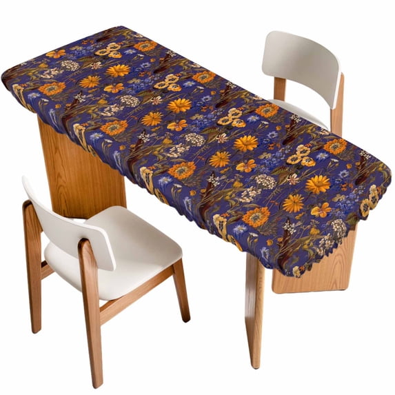 Orange Purple Spring Floral Table Cloths for 8 Foot Rectangle Tables, Vintage Botanical Summer Flower Patio Waterproof Elastic Fitted Tablecloths, Washable Rectangular Table Cover for Camping