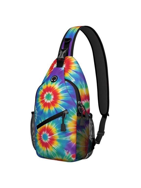 Orange and Purple Tie Dye Pattern Sling Backpack, Unisex Hiking Chest Pack with Side Mesh Pockets, Earphone Hole Port Gift Ideas for Holiday Birthday Gifts