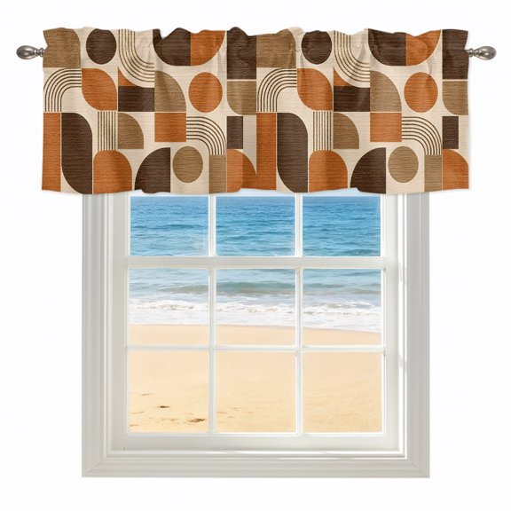 Orange Quarter Circles Valances for Windows, Rod Pocket Kitchen Valance Curtains - Soft & Washable Small Window Treatment for Living Room, Bathroom, Modern Geometric Arch Lines 42x12inch, 1 Panel
