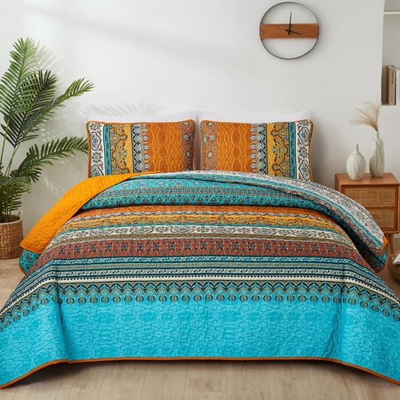 Orange Quilt Set King Size, Stripe Boho 3 Pieces Quilts Bedspread Set Bohemian Lightweight Microfiber All Season Bedding Coverlet Set for King Bed (104"x90")