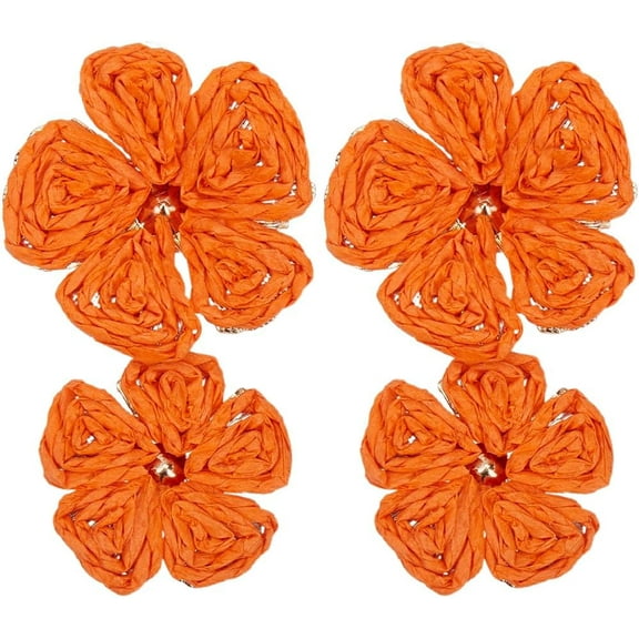 Orange Raffia Flower Drop Earrings Orange Flower Stud Earrings Daisy Floral Double Flowers Raffia Straw Wrapped Drop Dangle Earrings for Women Summer Tropical Beach Boho Statement Jewelry