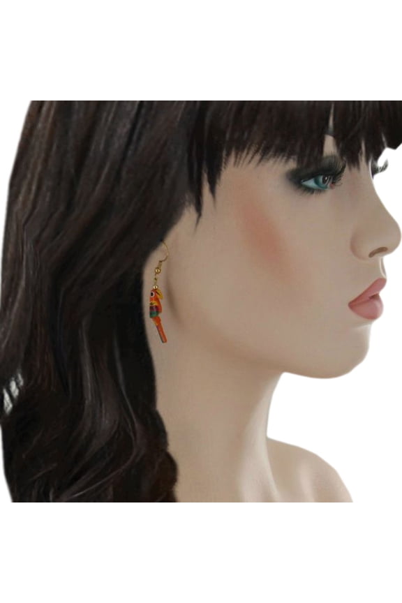 Orange Rainbow Bird Parrot Wood Pierced Dangle Earrings 2" Ladies Adult Female Women