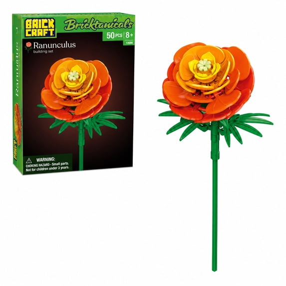 Brickcraft Bricktanicals Ranunculus Building Kit (50-Piece Set), Orange Bloom with Adjustable Stalk, Build Your Own Bouquet Decor, Gift for Adults and Teens, Ages 8+