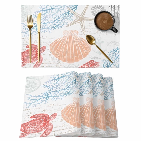 Orange Red Blue Coastal Nautical Placemats Set of 8,Cotton Linen Fabric Place Mats,Beach Sea Turtle Ocean Coral Starfish Decorative Table Mats Protector for Home Kitchen Dining Wedding Coffee Tables