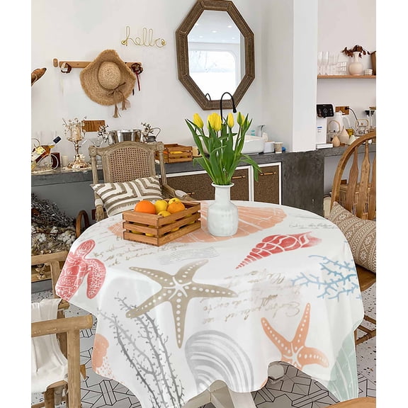 Orange Red Blue Coastal Nautical Tablecloth Square Table Cloth 54x54, Waterproof Tablecloth Outdoor Table Cloth, Beach Sea Turtle Ocean Coral Starfish Washable Table Cover for Kitchen Dining Party