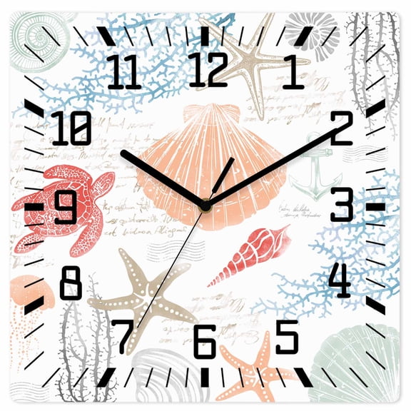 Orange Red Blue Coastal Nautical Wooden Wall Clock Silent Non Ticking, Beach Sea Turtle Ocean Coral Starfish Square Wall Clocks Battery Operated, Decor Clock for Office Living Room Kitchen, 12 Inch