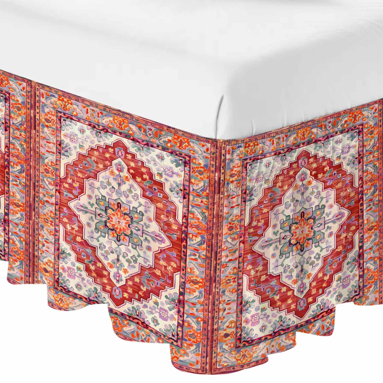 Orange Red Boho Bed Skirt King Size 18 Inch Drop, Adjustable & Elastic ...