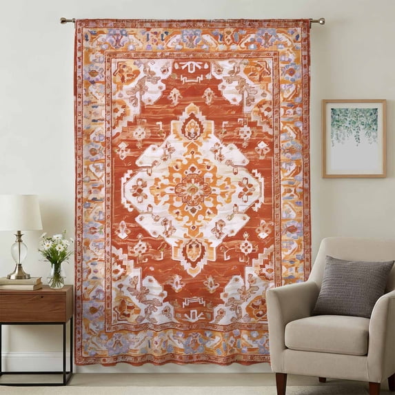 Orange Red Boho Sheer Curtains 45 Inches Long, Ethnic Geometric Middle Century Art Light Filering Curtains, Breathable Simi Curtain Privacy Drapes for Kitchen Bathroom Small Window Treatment