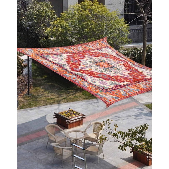 Orange Red Boho Sun Shade Sail 8'x10' Rectangle Outdoor Shade Canopy, Vintage Flower Tribal Distressed Printed Porch Shades Outdoor Sun Blocking Screen, Sunshade Cloth Covers for Patio/Deck/Garden