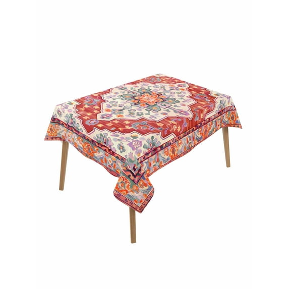 Orange Red Boho Table Cloth, Vintage Flower Tribal Distressed Printed Waterproof Tablecloth for Rectangle Tables, Reusable Washable Fabric Table Cover for Restaurant Kitchen Dining Tables 52"x70"