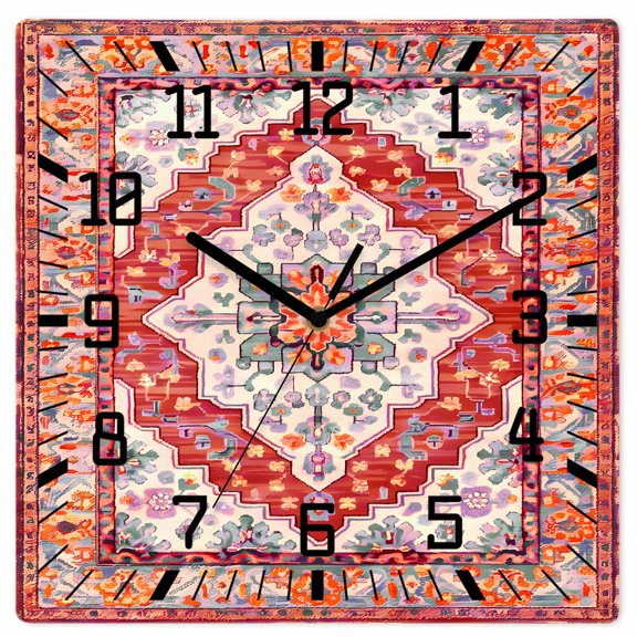 Orange Red Boho Wooden Wall Clock Silent Non Ticking, Vintage Flower Tribal Distressed Printed Square Wall Clocks Battery Operated, Decor Clock for Home Office, Living Room, Kitchen, 12 Inch