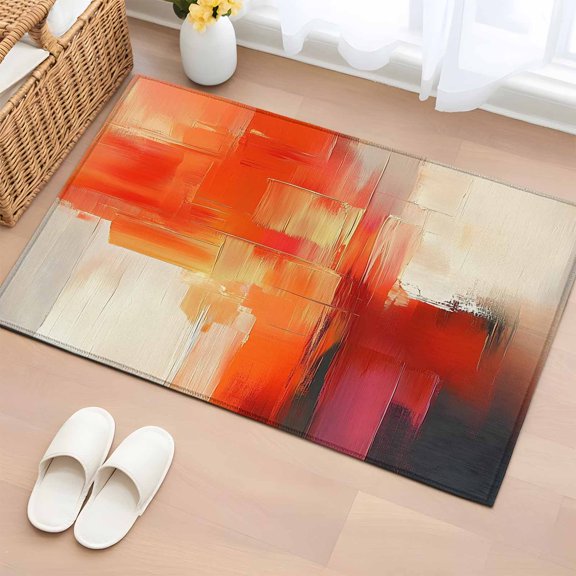 Orange Red Brown 2'x3' Rug, Abstract Modern Oil Painting Street Art Non-Slip Soft Doormat Area Rugs for Entrance Bathroom Bedsides, Front Doormat Carpet for Kitchen Bedroom, Entryway Floor Mat