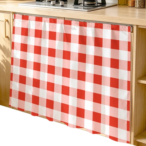 Orange Red Checkered Cabinet Curtains 35"W x 35"L,Dustproof Sink Skirt Curtain for Kitchen Bathroom,Farmhouse Buffalo Plaid Adhesive Desk Skirt Privacy Short Curtains for Office Closet Vanity