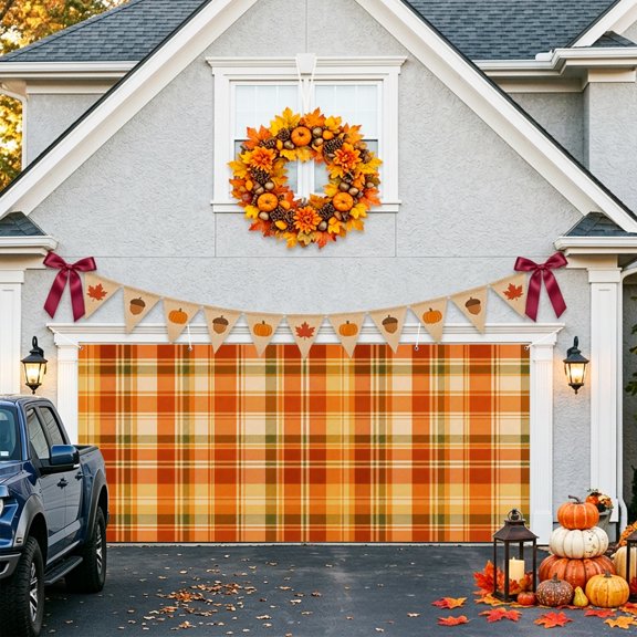 Orange Red Checkered Garage Door Banner Covers, Country Vintage Farmhouse Classic Plaid Grid Large Hanging Indoor/Outdoor Backdrop Background for Christmas Winter Party Decor, 6.9x16ft