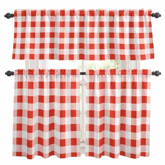 Orange Red Checkered Kitchen Curtains Sets for Windows 24 Inch Length, Farmhouse Buffalo Plaid Rod Pocket Window Treatments Tier Curtains and Valances Set for Bedroom/Bathroom