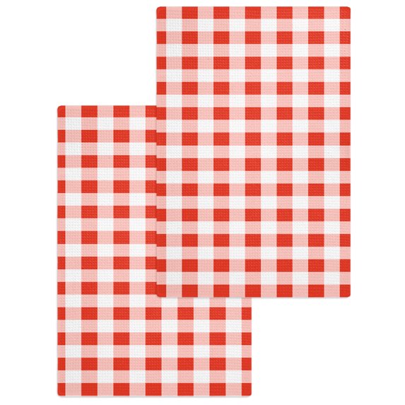 Orange Red Checkered Kitchen Dish Towels for Drying Dishes Set of 2, Farmhouse Buffalo Plaid Waffle Weave Microfiber Hand Tea Bathroom Towels Quick Dry & Absorbent Towel 15.7x23.6