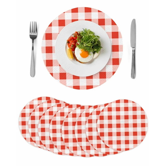 Orange Red Checkered Round Placemats Set of 8 for Dinning Tables,Heat-proof Braided Table Mats 13 Inch,Farmhouse Buffalo Plaid Washable Place Mat for Kitchen Restaurant Party Decor Table Setting