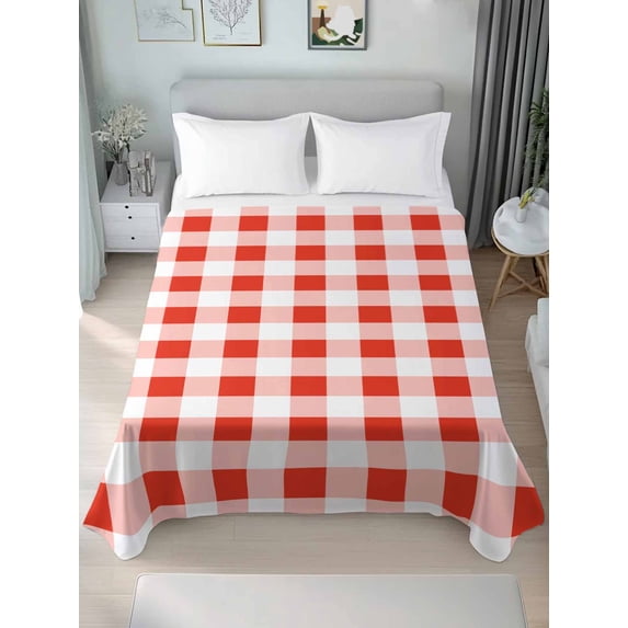 Orange Red Checkered Twim Size Flat Sheet, Wrinkleproof & Fadeproof Cooling Flat Bed Sheet Only, Farmhouse Buffalo Plaid Breathable Soft Bedding Top Sheets 66 x 96 Inches