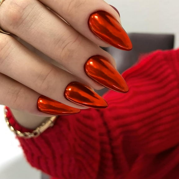 Orange Red Chrome Press on Nails Medium Almond,KQueenest Mirror Metal Stiletto Fake Acrylic Nails with Bling Design,New Year Glue on Nails for Daily Party Wear,False Nails Press ons in24 PCS