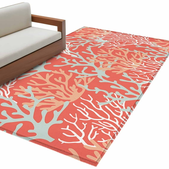 Orange Red Coral Coastal Area Rug 3x5 FT, Non Slip Entryway Bedside Carpet, Ocean Nautical Seaside Beach Washable Soft Floor Carpet Indoor Mat Non-Shedding Throw Rug for Dorm Kitchen Home Office