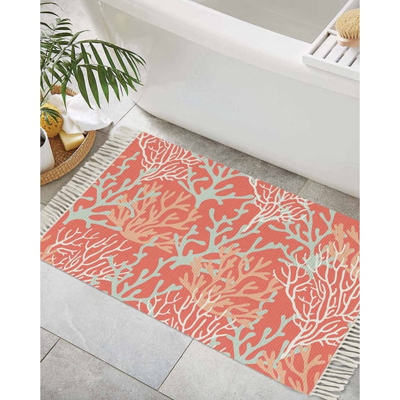 Orange Red Coral Coastal Bath Rug 2x3ft Woven Bathroom Entryway Runner Rug,Ocean Nautical Seaside Beach Washable Living Room Hallway Bedroom Kitchen Carpet with Tassels,Indoor Outdoor Throw Doormat