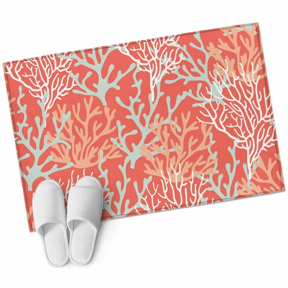 Orange Red Coral Coastal Bathroom Mat 2x3 FT, Non Slip Small Kitchen Mat, Ocean Nautical Seaside Beach Washable Soft Backed Front Door Throw Rug Non-Shedding Indoor Outdoor Doormat for Entryway Sink