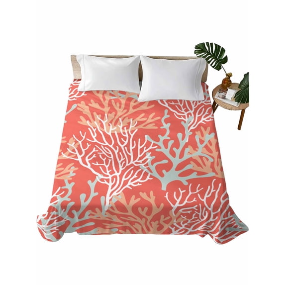 Orange Red Coral Coastal Flat Sheets Only Twin XL Size, Soft Breathable Bed Top Sheets for Mattress, Ocean Nautical Seaside Beach Luxury Bedding Flat Sheets for Home Hotel Bedroom Bed Protection