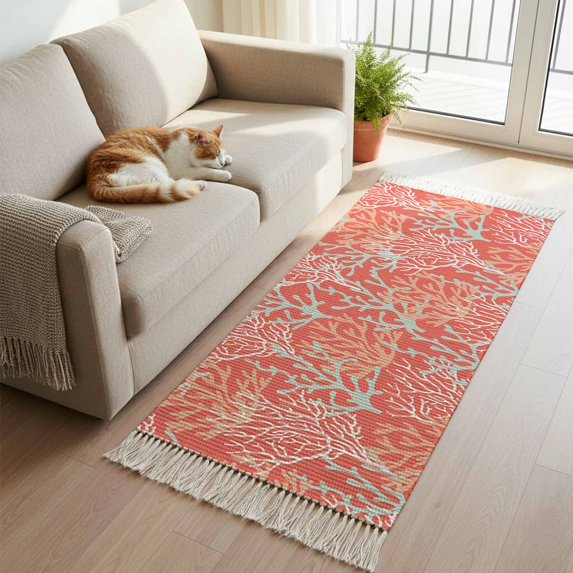 Orange Red Coral Coastal Hallway Runner Rug 2'x5', Ocean Nautical Seaside Beach Washable Kitchen Runner Rug with Tassels, Laundry Room Rugs Woven Cotton Carpet for Bedroom Entryway Front Door