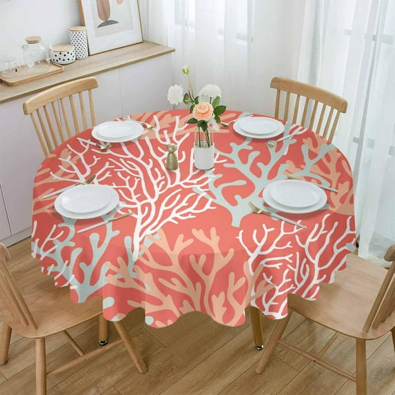 Orange Red Coral Coastal Round Tablecloth 60 Inch - Summer Beach Waterproof Fabric Table Cloth Protector, Ocean Seaside Nautical Tablecloths Washable Table Cover for Kitchen Party