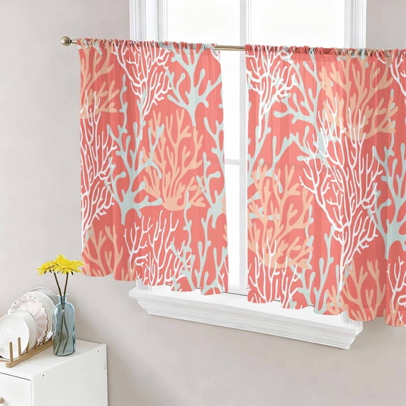 Orange Red Coral Coastal Sheer Curtains 45 Inch Length 2 Panels Set, Ocean Nautical Seaside Beach Voile Window Treatment Rod Pocket Small Kitchen Curtains Drapes for Bedroom 52"x45"x2