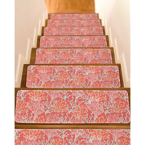 Orange Red Coral Coastal Stair Treads for Wooden Steps Indoor Runner Rug Carpet, Ocean Nautical Seaside Beach 4 Pieces Peel and Stick Staircase Step Treads Covers Washable Throw Door Mats, 30"x8"