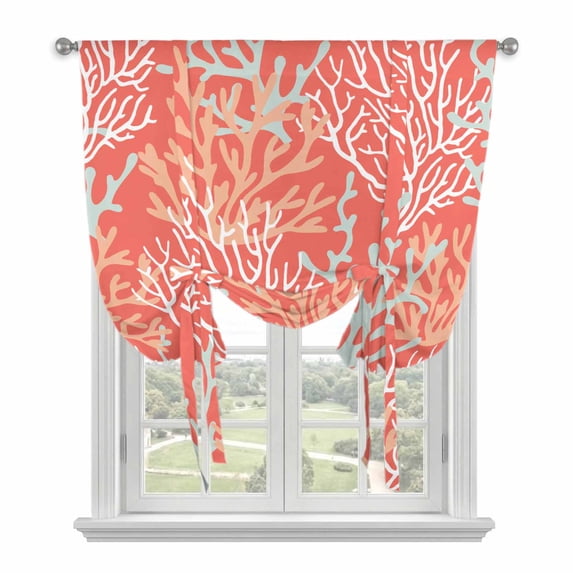 Orange Red Coral Coastal Tie Up Curtains for Kitchen Windows,Adjustable Rod Pocket Valance 45 Inch Short, Ocean Nautical Seaside Beach Window Treatment Balloon Roman Blind Shade, 52" x 45"