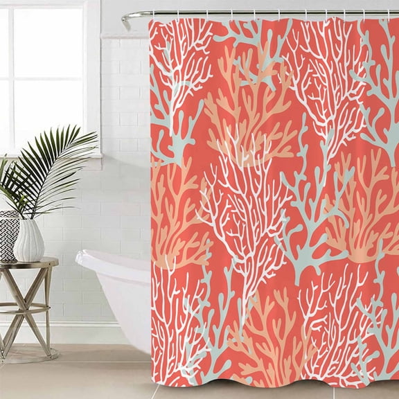 Orange Red Coral Coastal Waterproof Fabric Shower Curtain, Ocean Nautical Seaside Beach Shower Curtain for Bathroom Curtains Bathtubs Hotel Washable Shower Curtains with 12 Hooks Stall 54x78in