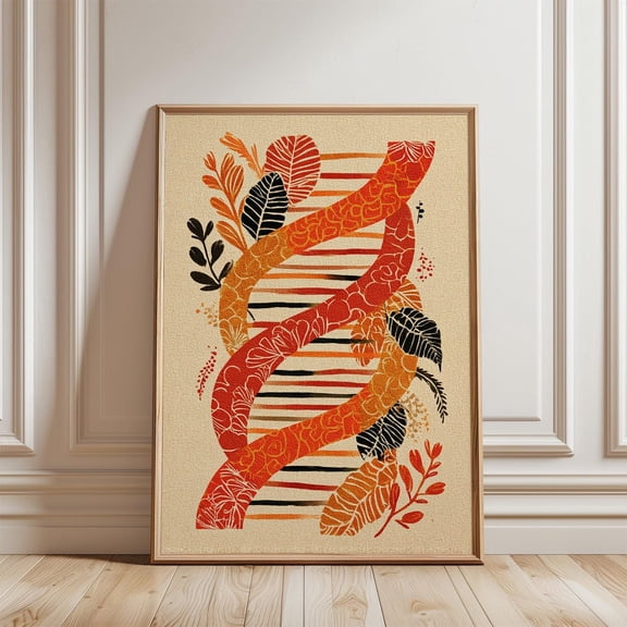 Orange Red DNA Helix Botanical Pattern Science Modern Graphic Unframed Paper Print
