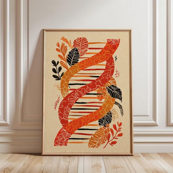 Orange Red DNA Helix Poster Botanical Pattern Science Illustration Modern Graphic Wall Art