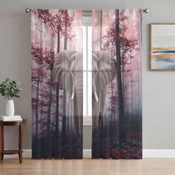 Orange Red Elephants Sheer Curtains 63 Inch Length 2 Panels Set, Farmhouse Forest Trees Nature Voile Window Treatment Rod Pocket Curtains Sheers Drapes for Bedroom/Living Room/Kitchen 52x"63"x2