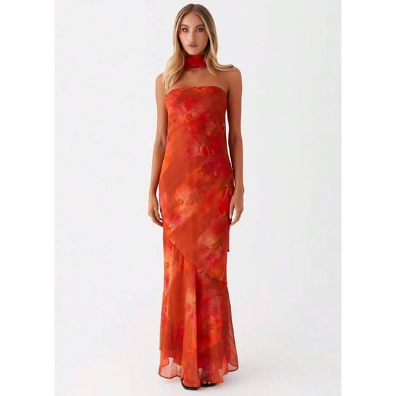 Orange-Red Floral Print Halter Neck Strapless Maxi Dress With Choker Detail And Mermaid Hem