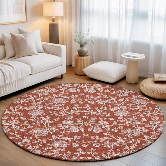 Orange Red Flower Washable Round Area Rug 8 ft, Pastoral White Plant Petal Leaf Rustic Linen Soft Non Slip Rugs Stain Repellent Indoor Felt Carpet for Living Dining Room Bedroom Home Office